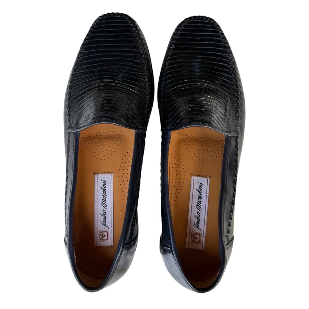 Sandro Moscoloni La Paz-1 Navy Blue Lizard Embossed Leather Loafers Mens 9D EU42